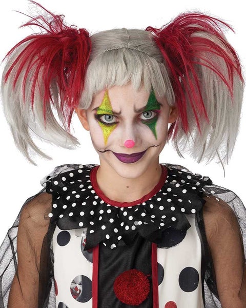Glow in the Dark Punk Red and Grey Pigtails Wig Carousel 2