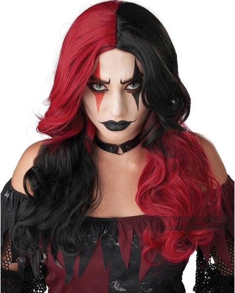 Evil Jester Long Red and Black Wig Carousel 1