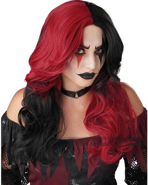Evil Jester Long Red and Black Wig Carousel 2