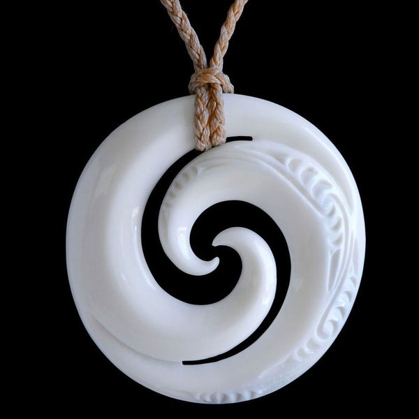 Large Engraved Double Koru, handcrafted bone pendant Carousel 1