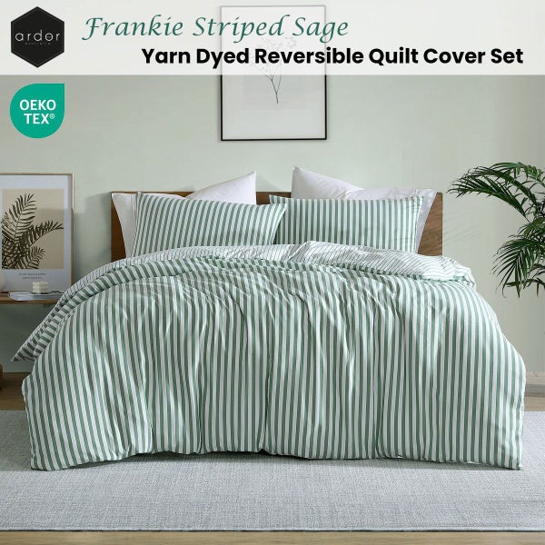 Ardor Frankie Sage Stripe Yarn Dyed Reversible Quilt Cover Set Carousel 2