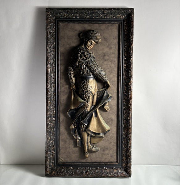 Vintage Framed Matador Relief Wall Art – Ornate Plaster Figure Carousel 1