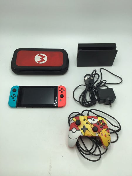 * Red / Blue Nintendo Switch V1 Console w/ Case & Extra Controller! * Carousel 1