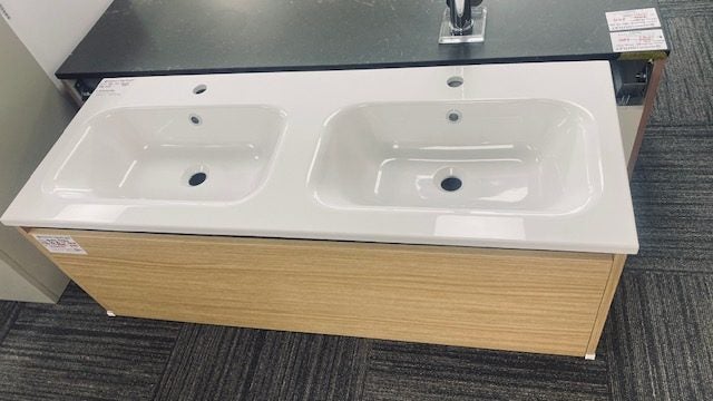 1200 FLETCHER LIVING WALL HUNG 1 DRAW DOUBLE BASIN VANITY IN CHALET ASH Carousel 1