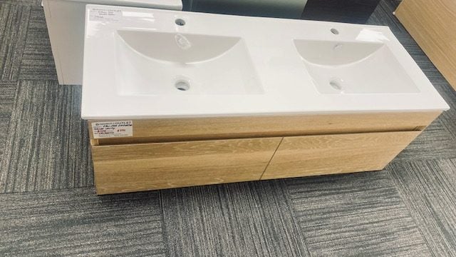 1200 Flex 2 Draw Vanity in Washed Oak Plywood with Double Basin Carousel 1