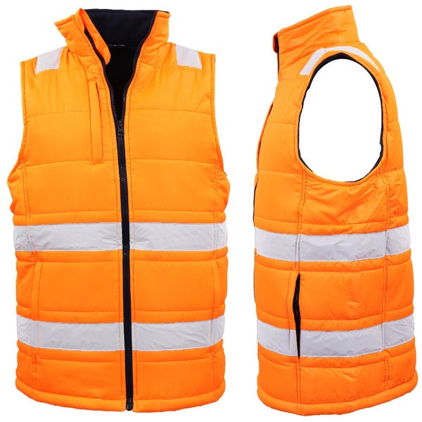 Hi Vis Puffer Workwear Vest Zip Up w Reflective Tape Quilted Puffy Tradie Jac... Carousel 1