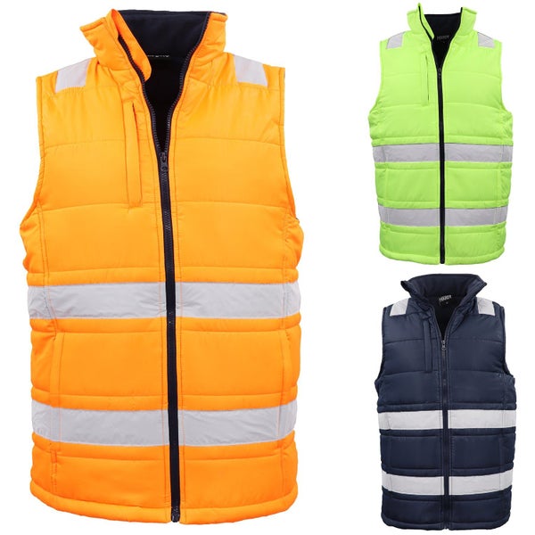 Hi Vis Puffer Workwear Vest Zip Up w Reflective Tape Quilted Puffy Tradie Jac... Carousel 2