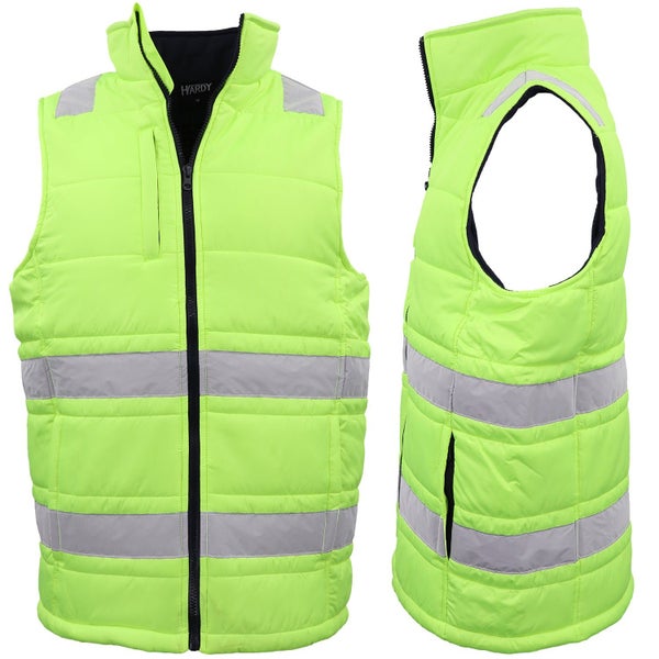 Hi Vis Puffer Workwear Vest Zip Up w Reflective Tape Quilted Puffy Tradie Jac... Carousel 1