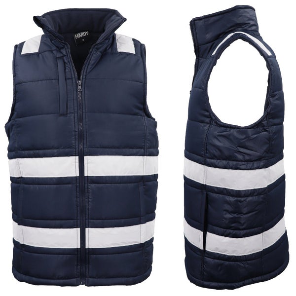 Hi Vis Puffer Workwear Vest Zip Up w Reflective Tape Quilted Puffy Tradie Jac... Carousel 1