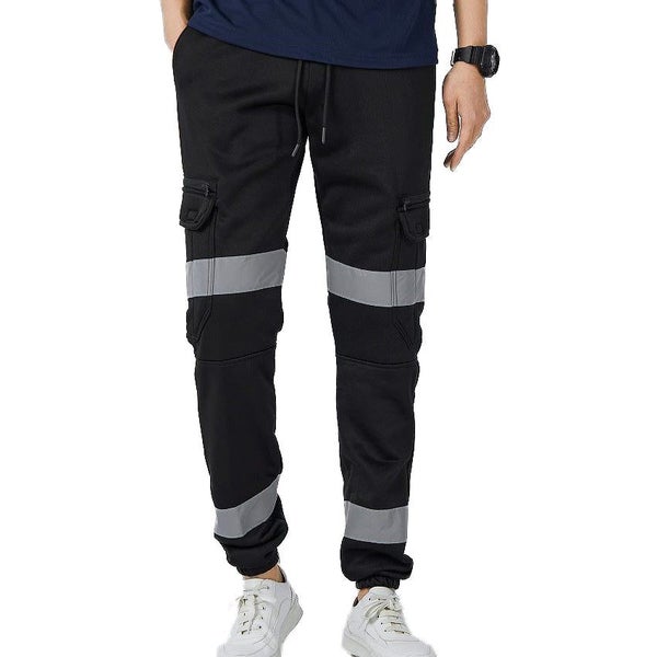 Mens Hi Vis Fleece Pants Reflective Tapes Cargo Workwear Track Trousers - Black Carousel 1