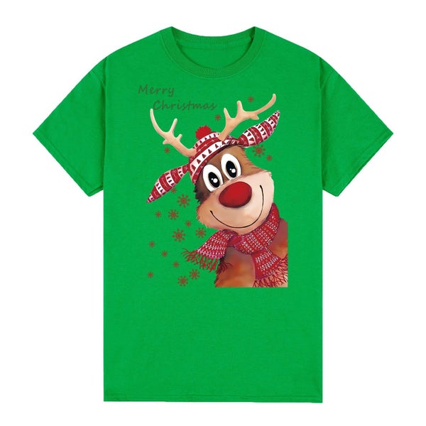 100% Cotton Christmas T-shirt Adult Unisex Tee Tops - Reindeer - Green Carousel 1