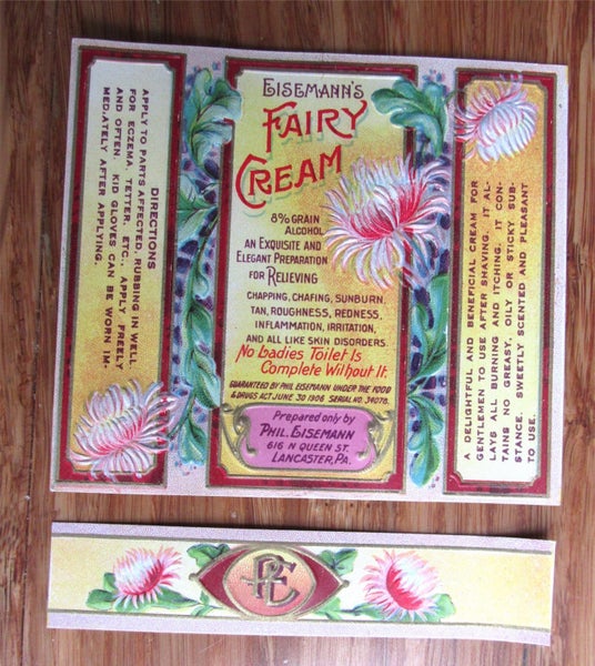 Two 113-year old Antique Cosmetic Jar Labels - FAIRY CREAM Carousel 1