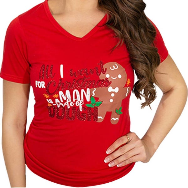 Womens 100% Cotton Christmas T Shirts Adults Ladies V-Neck Casual Tee Decorat... Carousel 1