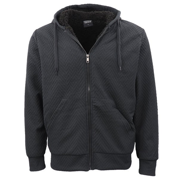 Men's Dark Grey Jacquard Sherpa Lined Hoodie - Zip Up Winter Fleece Jacket Carousel 1