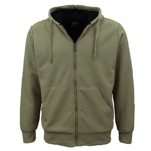 Dark Olive Jacquard Sherpa Hoodie Full Zip Fleece Jacket Coat For Men Carousel 1