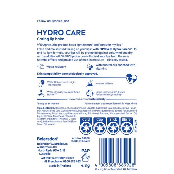 NIVEA Hydro Care Lip Balm SPF15 4.8g Carousel 2