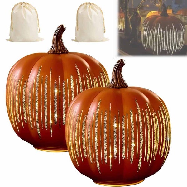 2 Pack LED Glass Pumpkins Flicker Night Light Halloween Decor Carousel 1