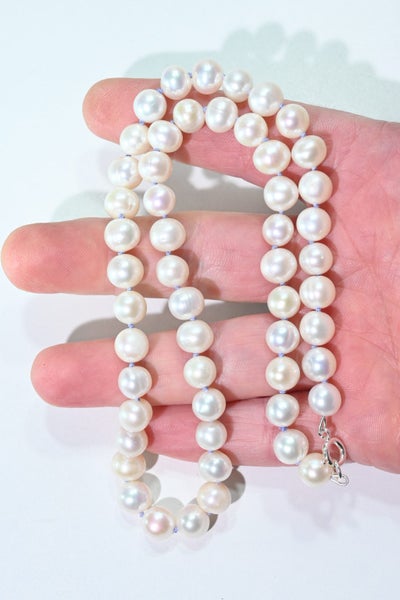 Freshwater pearl necklace silver clasp lilac silk Carousel 5