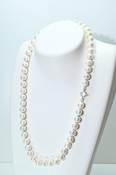 Freshwater pearl necklace silver clasp lilac silk Carousel 2