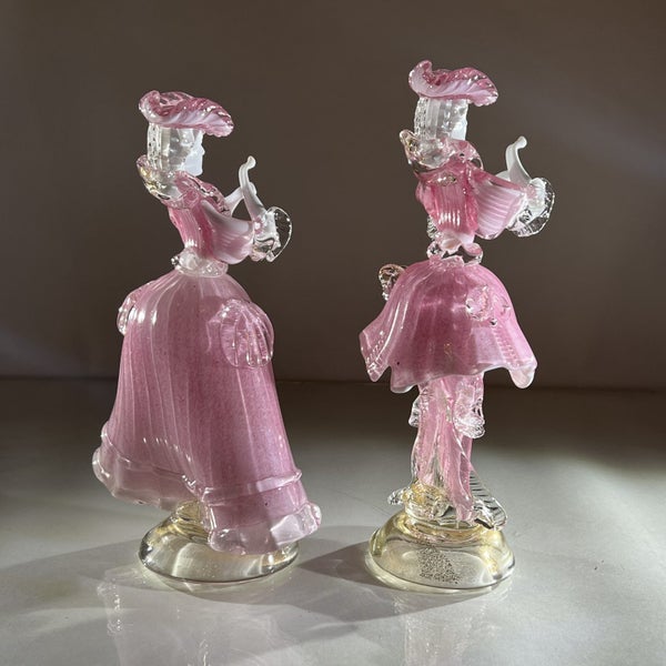 Vintage Pair of Murano Glass Carnival Dancing Figurines – Pink & Gold Fleck Carousel 2