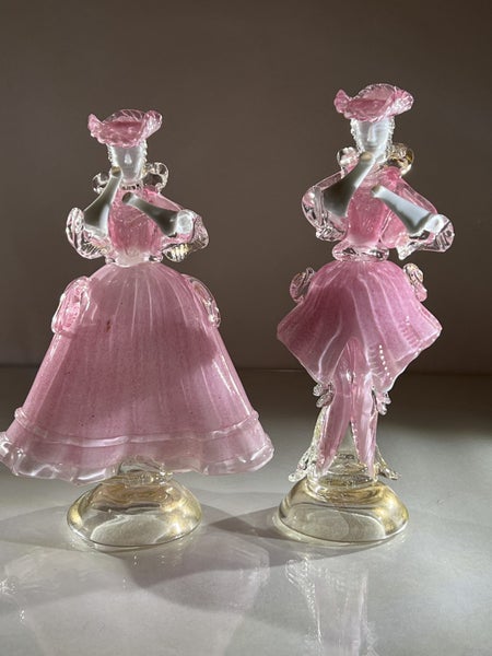 Vintage Pair of Murano Glass Carnival Dancing Figurines – Pink & Gold Fleck Carousel 1