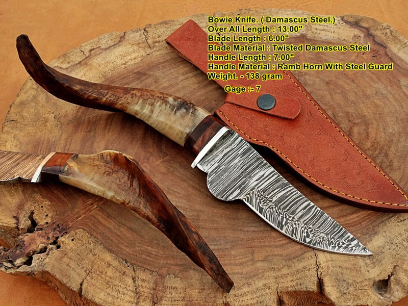 Hand Made Collector Antique Ram Horn handle Damascus Steel Bowie Knife Carousel 1