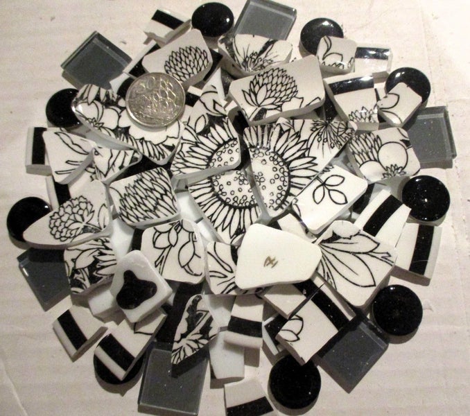 MOSAICS~ Fabulous Black & White Floral "Samoa" Hand Cut Porcelain & Tile Mix! Carousel 1