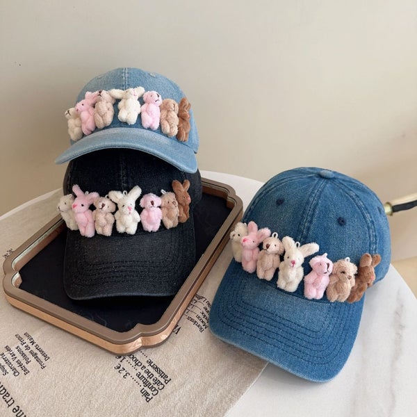 Elosung Whimsical Plush Bunny Row Denim Baseball Cap Adjustable Sun Protection B Carousel 2