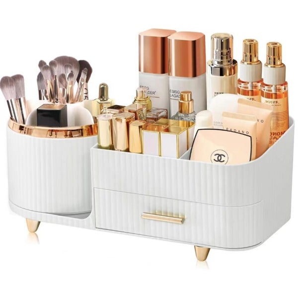 Elosung White Rotating Makeup Organizer Box Multi Compartment Cosmetic Storage Carousel 1