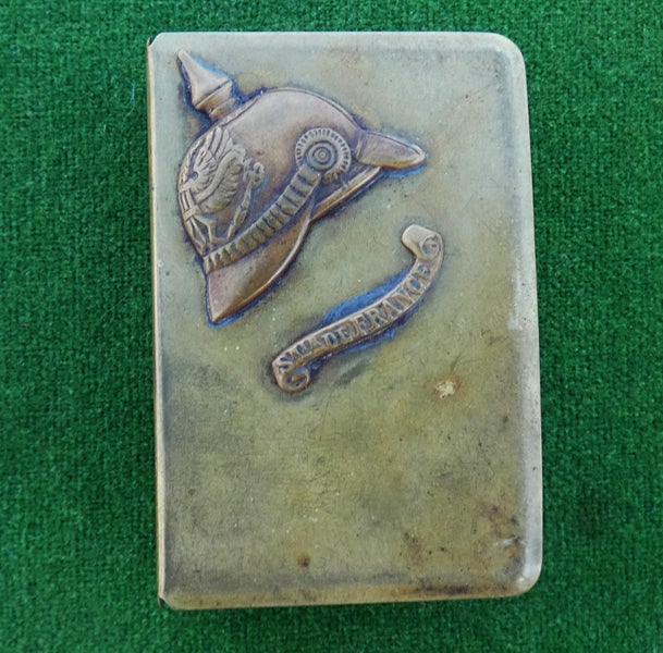 Nice WW1 era BRASS Souvenir MATCH GRIP German PICKLEHAUBE Design Matchbox HOLDER Carousel 2