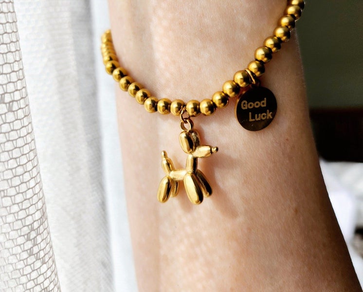 GOOD LUCK BALLOON DOG CHARM BEAD STRETCH BRACELET- Gold Tone Carousel 2