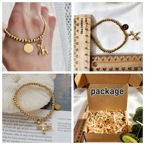 GOOD LUCK BALLOON DOG CHARM BEAD STRETCH BRACELET- Gold Tone Carousel 5