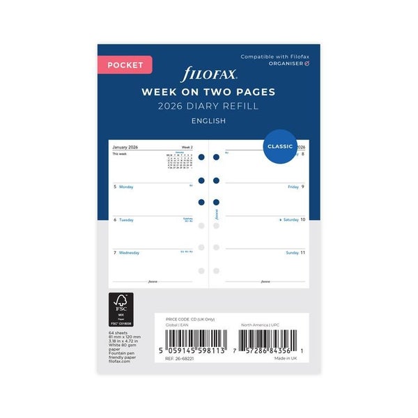 Filofax Pocket Week on Two Pages Refill 2026 1001659 Carousel 1