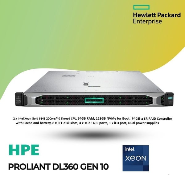 HPE DL360 Gen10 2 x 20Core CPU 64GB RAM 128GB NVMe RAID Controller 2xPSU Carousel 1