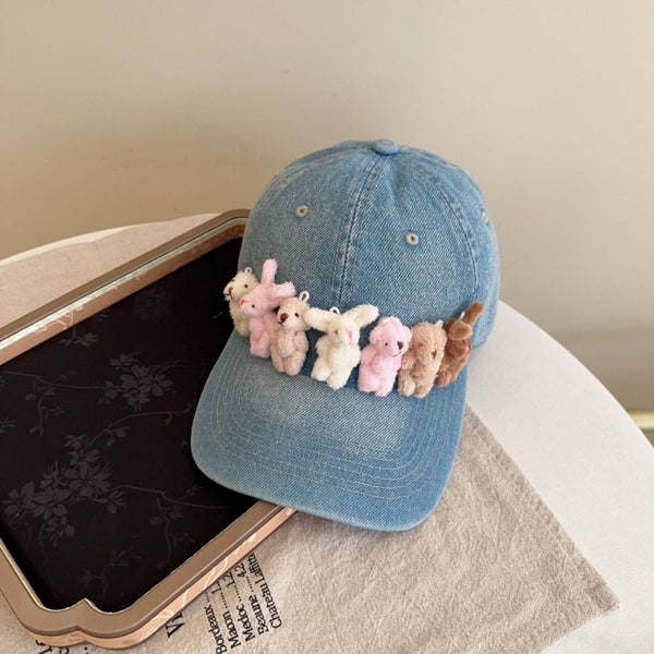 Elosung Whimsical Plush Bunny Row Denim Baseball Cap Adjustable Sun Protection B Carousel 1