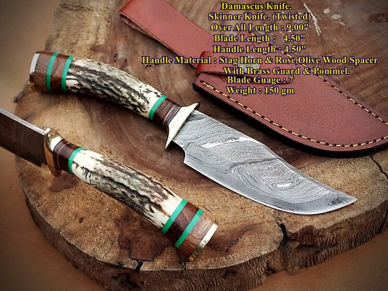Hand Made Damascus Steel With Stag Horn Wood Handle Collector Knife RRP 400$. Carousel 1
