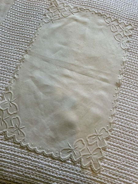 A lovely pure white embroidered Linen Dresser Cloth Carousel 1