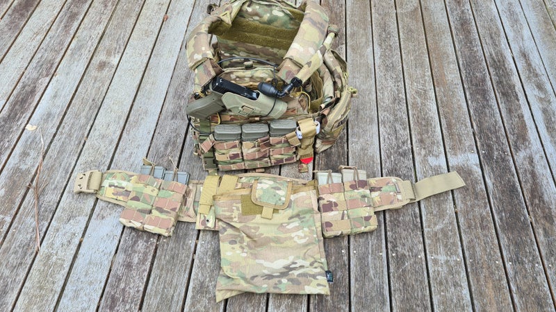Airsoft Multicam TMC 6094 Plate carrier, MC battle belt, and WE Glock GBB Carousel 1