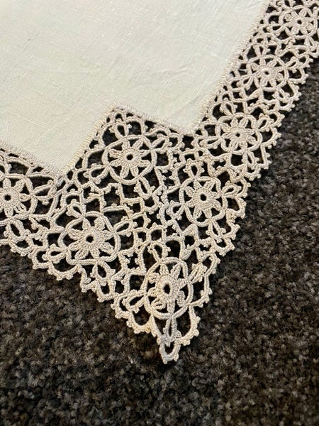 A lovely vintage linen cloth with a deep hand crocheted edging Carousel 2