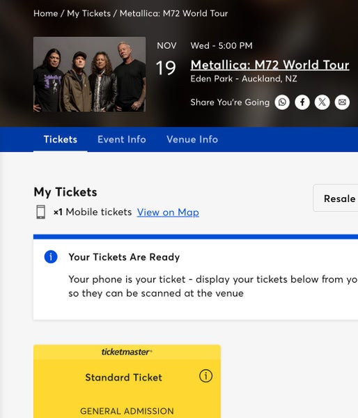Metallica GA1 Golden Circle Standing Ticket - M72 World Tour Carousel 2
