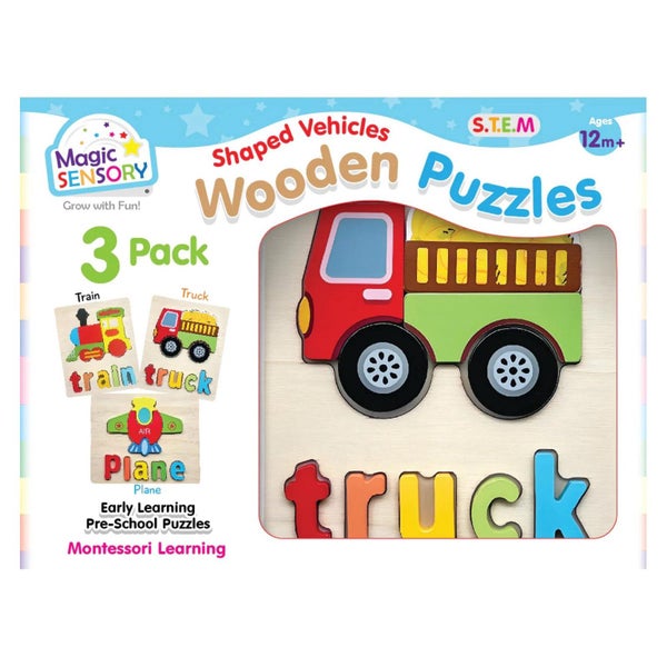 Magic Sensory Shaped Vehicles Wooden Puzzles, Triple Pack Carousel 1