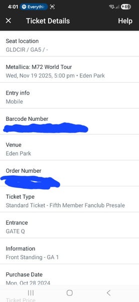 Metallica M72 Auckland 1x GA1 Ticket Carousel 5