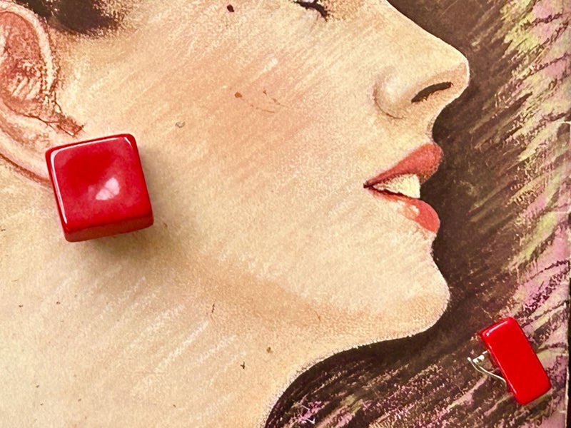 Funky 80s big red button earrings clip0n Carousel 1
