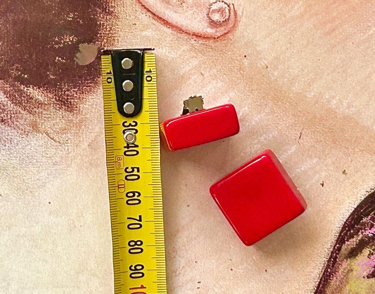 Funky 80s big red button earrings clip0n Carousel 2