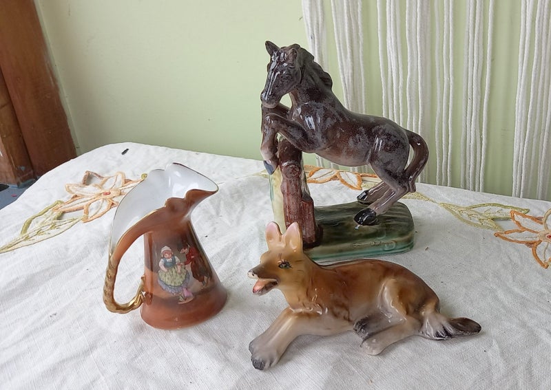 3 x Vintage China Cabinet Items. Dog, Horse, Jug Carousel 1