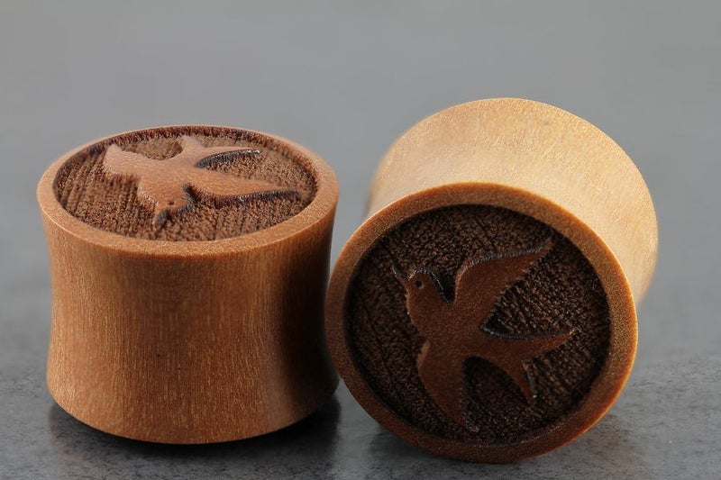 Sparrow Carved Sawo Wood Double Flared Plugs **Sal Carousel 1