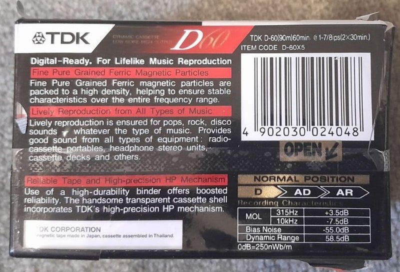 5-Pack TDK D-60 min Blank Audio Cassette Tapes (Sealed but Ripped Wrapper) Carousel 2