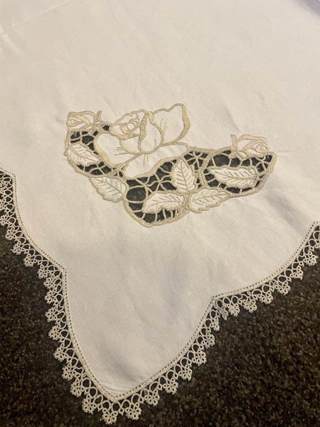 A lovely pure linen, heavily hand embroidered Vintage Linen Tablecloth Carousel 1