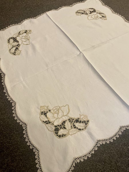 A lovely pure linen, heavily hand embroidered Vintage Linen Tablecloth Carousel 2