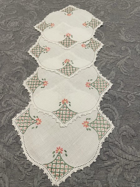 4 sweet little vintage hand embroidered Doilies / Coasters Carousel 1
